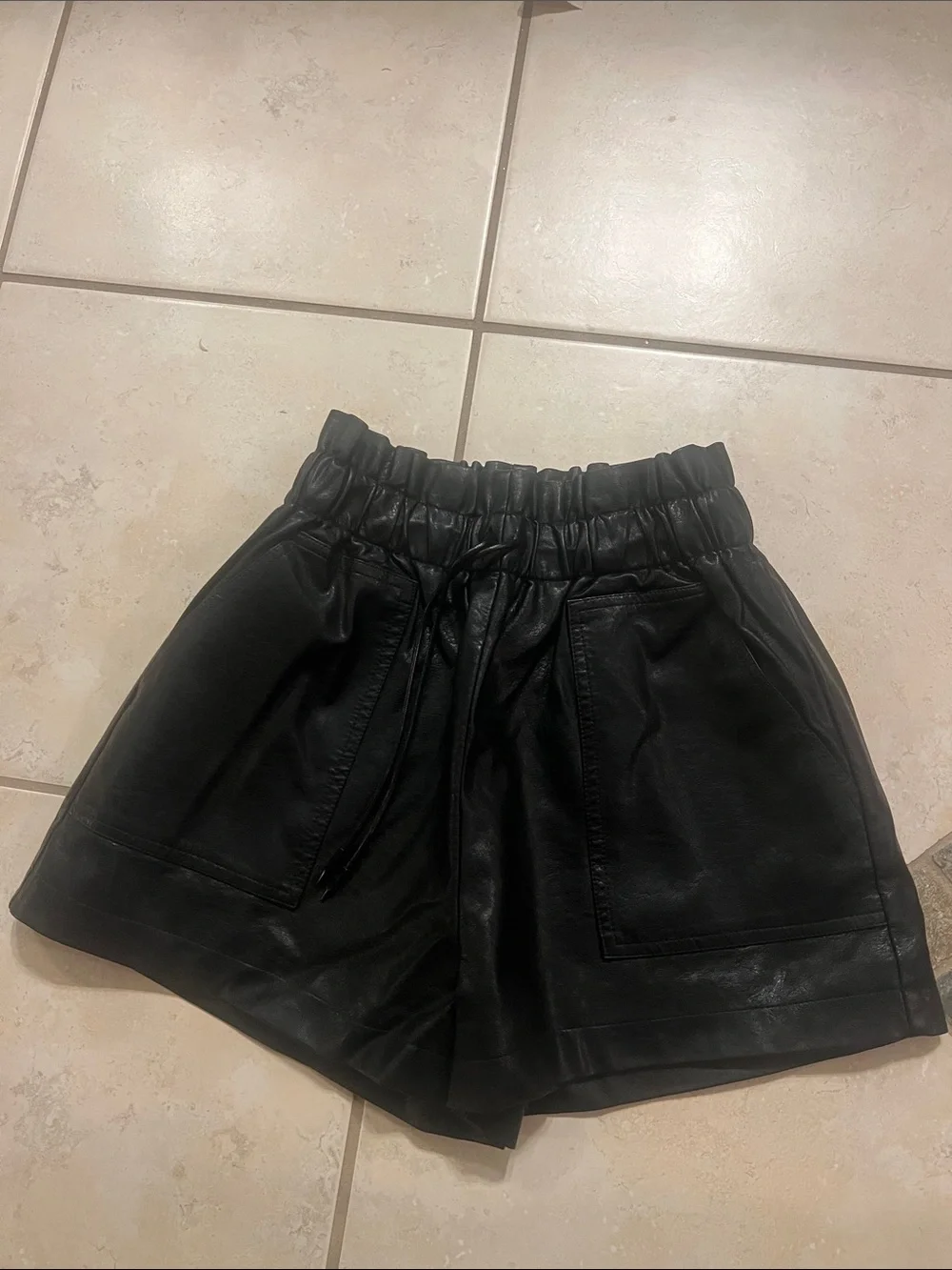 High-Waist Black Faux Leather Paperbag Shorts